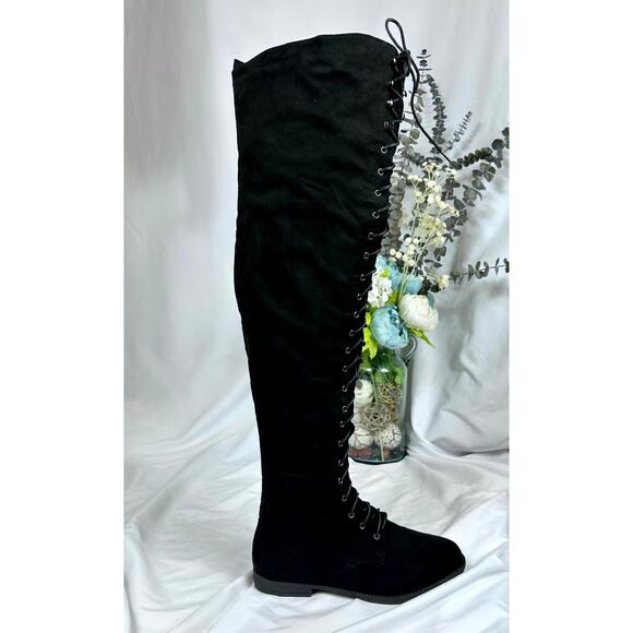 Tall Talk Flat Lace Up Over the Knee Boot - Black 10 - Picture 16 of 16